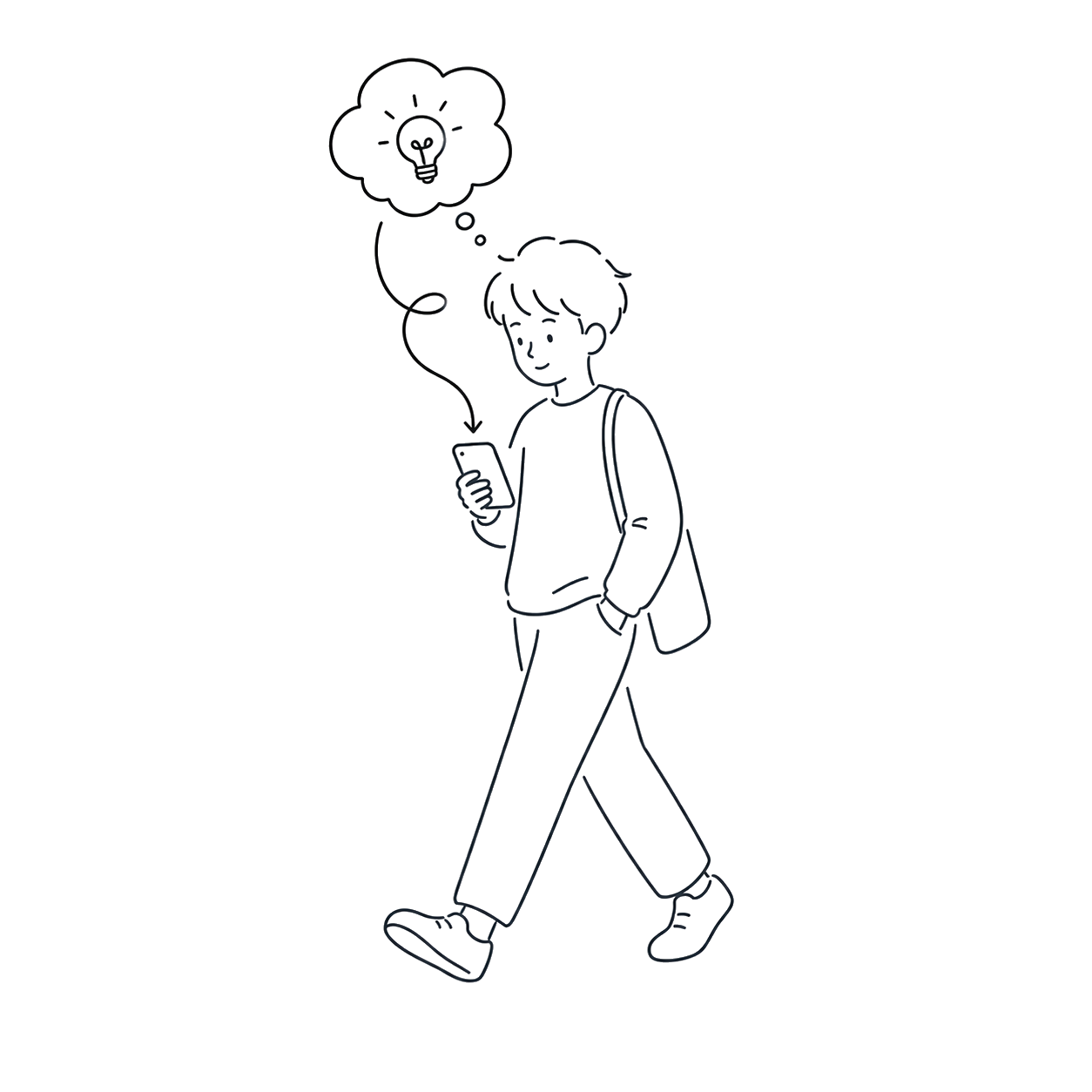 A person walking with their phone, an idea bubbling up